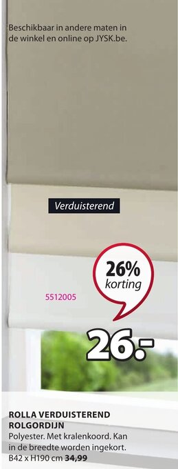 Jysk Rolla Verduisterend Rolgordijn B42xH190 cm aanbieding