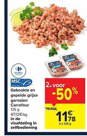 Carrefour Gekookte En Gepelde Grijze Garnalen aanbieding