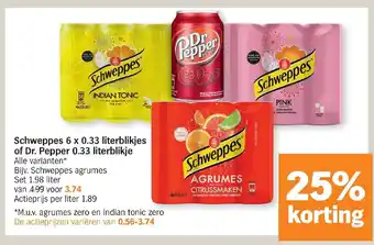 Albert Heijn Schweppes 6 x 0.33 literblikjes of Dr. pepper 0.33 literblikje aanbieding