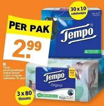 Albert Heijn Tempo grootverpakkingen original tissues of regular zakdoekjes 30-pack aanbieding