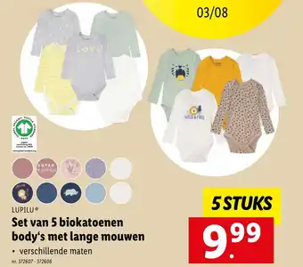 Lidl Lupilu Set van 5 biokatoenen body's met lange mouwen aanbieding