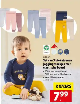 Lidl Lupilu Set van 3 biokatoenen joggingbroekjes met elastische boord aanbieding
