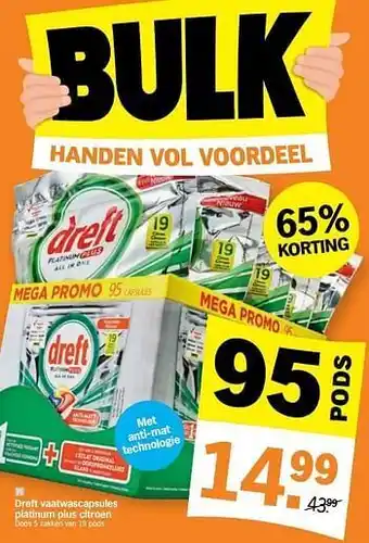 Albert Heijn Dreft vaatwascapsules platinum plus citroen 95 Pods aanbieding