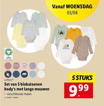 Lidl Set van 5 biokatoenen body's met lange mouwen aanbieding