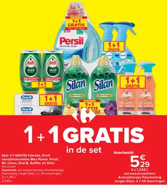 Carrefour Market Sets 1+1 Gratis Febreze, Dreft handafwasmiddel Max Power, Persil, Mr. Clean, Oral-B, Swiffer en Silan aanbieding
