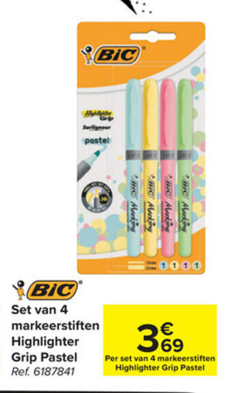 Carrefour Bic set van 4 markeerstiften highlighter grip pastel aanbieding