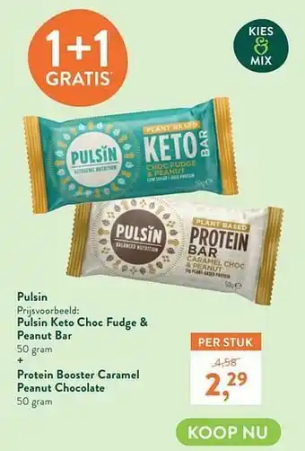 Holland & Barrett Pulsin keto choc fudge + peanut bar + protein booster caramel peanut chocolate aanbieding