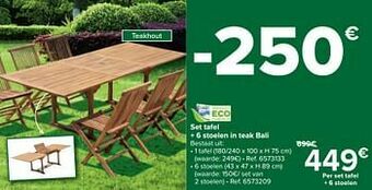 Carrefour Set tafel + 6 stoelen in teak bali aanbieding
