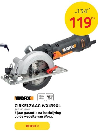 Brico Worx cirkelzaag WX439XL T/MIN 4000 Watt 500 REF 10014664 aanbieding