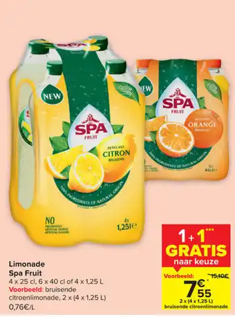 Carrefour Spa Fruit Limonade 4 x 25cl, 6 x 40cl of 4 x 1,25L aanbieding