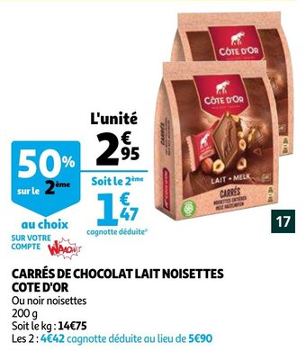 Carres de chocolat lait noisettes cote d'or