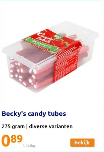 Action Becky's candy tubes 275g aanbieding