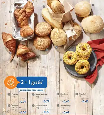 OKay Croissant, Vlecht abrikoos, Piccolo wit, Tijgerbol, Rustieke witte pistolet, Tricolore donut, Snackbroodje aanbieding