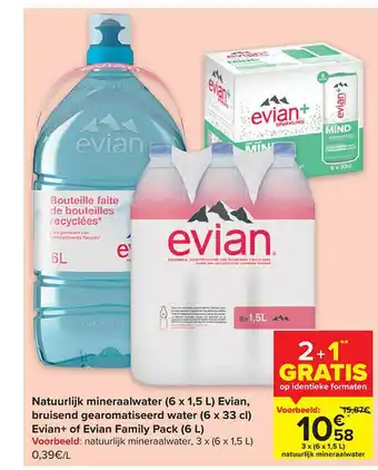 Carrefour Natuurlijk mineraalwater evian, bruisend gearomatiseerd water, evian+ of evian family pack aanbieding