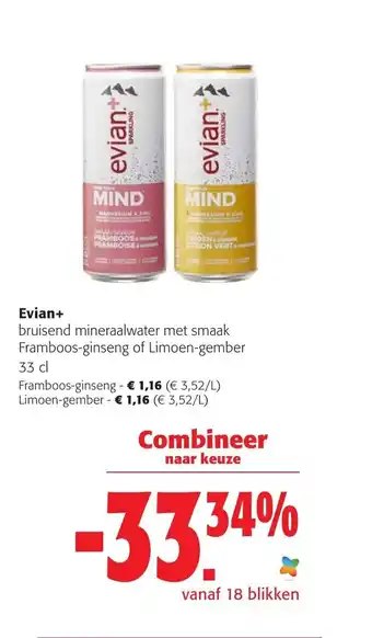 Colruyt Evian Framboos-ginseng of Limoen-gember 33 cl aanbieding