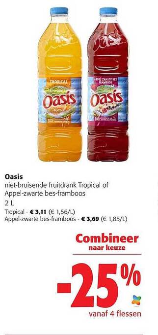 Oasis niet-bruisende fruitdrank tropical of appel-zwarte bes-framboos