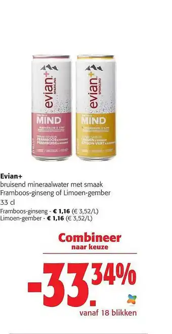Colruyt Evian+ bruisend mineralwater met smaak framboos-ginseng of limoen-gember aanbieding
