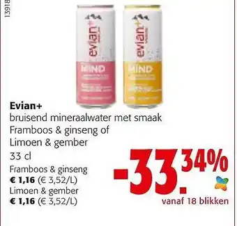 Colruyt Evian+ bruisend mineraalwater met smaak framboos & gingseng of limoen & gember aanbieding
