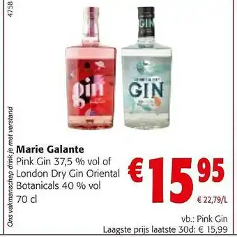 Marie galante pink gin 37.5% vol of london dry gin oriental botanicals 40% vol