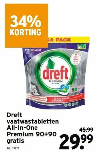 GAMMA Dreft vaatwastabletten all-in-one premium 90+90 gratis aanbieding