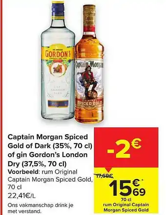 Carrefour Captain Morgan Spiced Gold Of Dark (37%, 70 Cl) Of Gordon's London Dry aanbieding