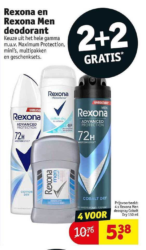 Rexona en rexona men deodorant 2+2 gratis promotie bij Kruidvat