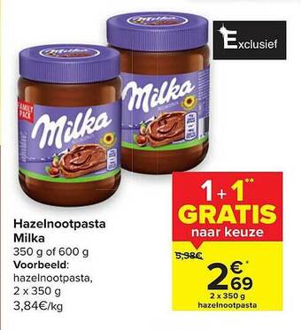 Carrefour Hazelnootpasta Milka aanbieding