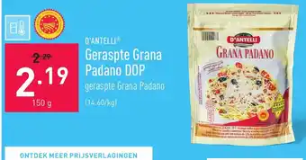 ALDI D'antelli geraspte grana padano DOP 150g aanbieding