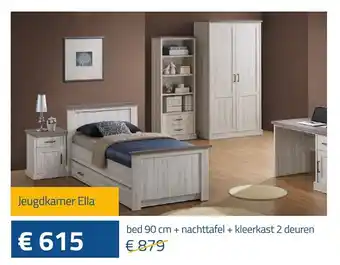 Jeugdkamer Ella bed 90 cm + nachttafels + kleerkast 2 deuren