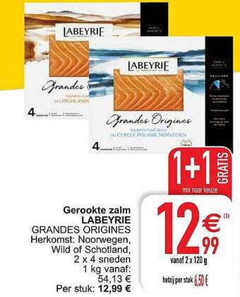 Cora Gerookte Zalm Labeyrie 120g aanbieding
