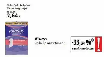 Colruyt Always dailies soft like cotton normal inlegkruisjes aanbieding