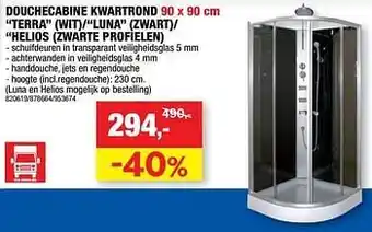 Hubo Douchecabine kwartrond terra wit-luna zwart- helios zwarte profielen 90x90 cm aanbieding