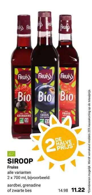 Fruiss Bio Siroop Aardbei, Grenadine of Zwarte bes, 2 x 700 ml