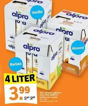 Albert Heijn Alpro almond ongezoet, soya drink vanille of barista oat 4 packs aanbieding