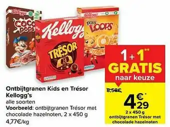 Carrefour Market Kellogg`s ontbijtgranen trésor met chocolade hazelnoten aanbieding