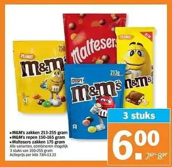 M+m`s zakken m+m`s repen maltesers zakken 3 stuks van 150-255 gram