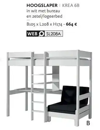 Hoogslaper krea 6b in wit met bureau en zetel-logeerbed B105xL208xH174