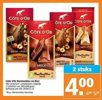 Albert Heijn Côte d`or bonbonbloc en bloc 2 tabletten van 180-200 gram aanbieding