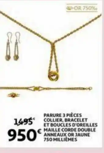 Parure 3 pieces collier, bracelet et boucles D'oreilles maille corde double anneaux or jaune 750 milliemes