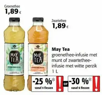 Colruyt May tea groenethee-infusie met munt of zwartetheeinfusie met witte perzik aanbieding