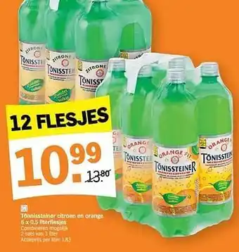 Albert Heijn Tönnissteiner citroen en orange 6 x 0,5 literflesjes aanbieding
