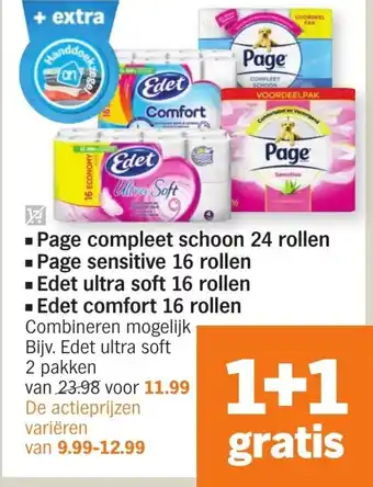 Albert Heijn Page Compleet Schoon 24 Rollen en Sensitive 16 Rollen, Edet Ultra Soft 16 Rollen en Comfort 16 Rollen aanbieding