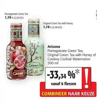 Colruyt Arizona pomegranate greentea, original green tea with honey 500 ml aanbieding