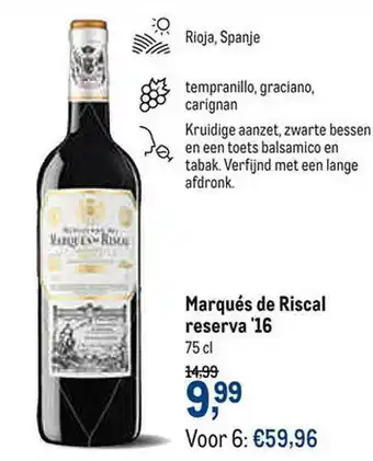 Makro Marqués de riscal reserva '16 75 cl aanbieding
