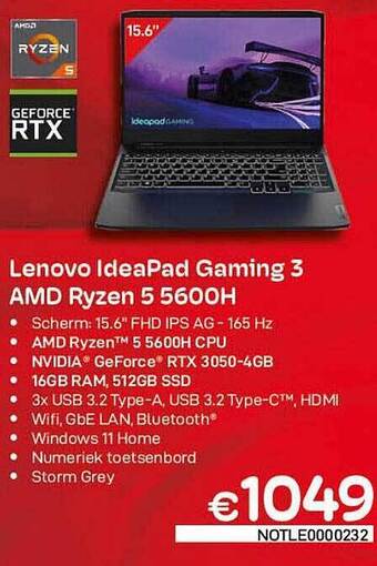 CompuDeals Lenovo ideapad gaming 3 amd ryzen 5 5600h aanbieding