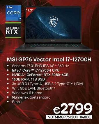 CompuDeals Msi gp76 vector intel i7-12700h aanbieding