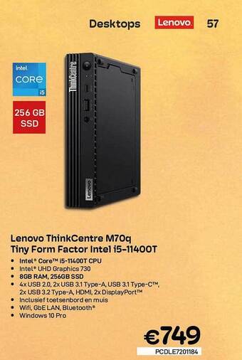 CompuDeals Lenovo thinkcentre m70q tiny form factor intel i5-11400t aanbieding