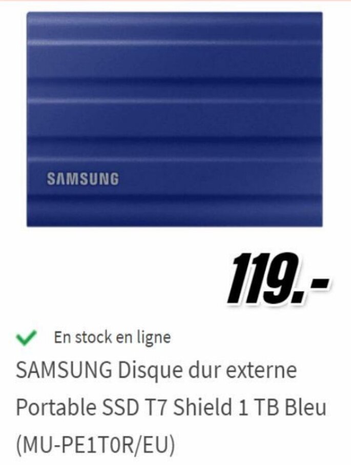 MediaMarkt Samsung Disque Dur Externe Portable SSD T7 Shield 1 TB Bleu (MU-PE1T0R/EU) aanbieding