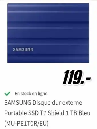 Samsung Disque Dur Externe Portable SSD T7 Shield 1 TB Bleu (MU-PE1T0R/EU)
