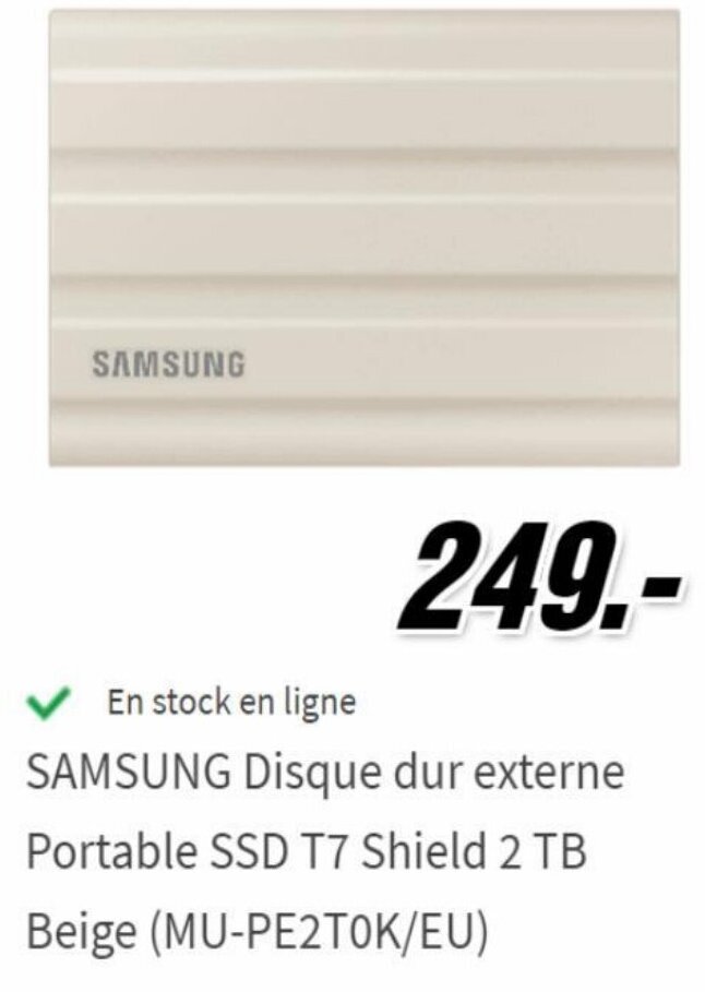 MediaMarkt Samsung Disque Dur Externe Portable SSD T7 Shield 2 TB Beige (MU-PE2T0K/EU) aanbieding